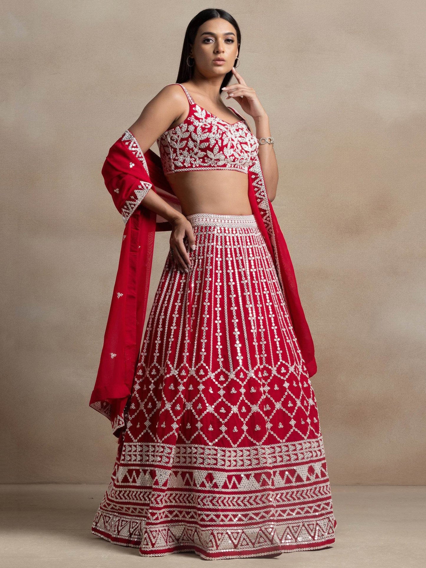Ravishing Red Thread Work Georgette Bridal Wear Lehenga Choli