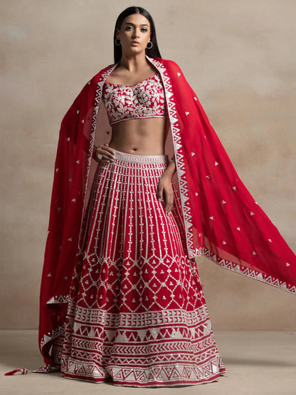 Ravishing Red Thread Work Georgette Bridal Wear Lehenga Choli - Zeel Clothing