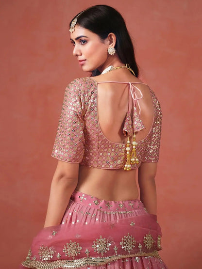 Stunning Peach Georgette Sequins Lehenga Choli