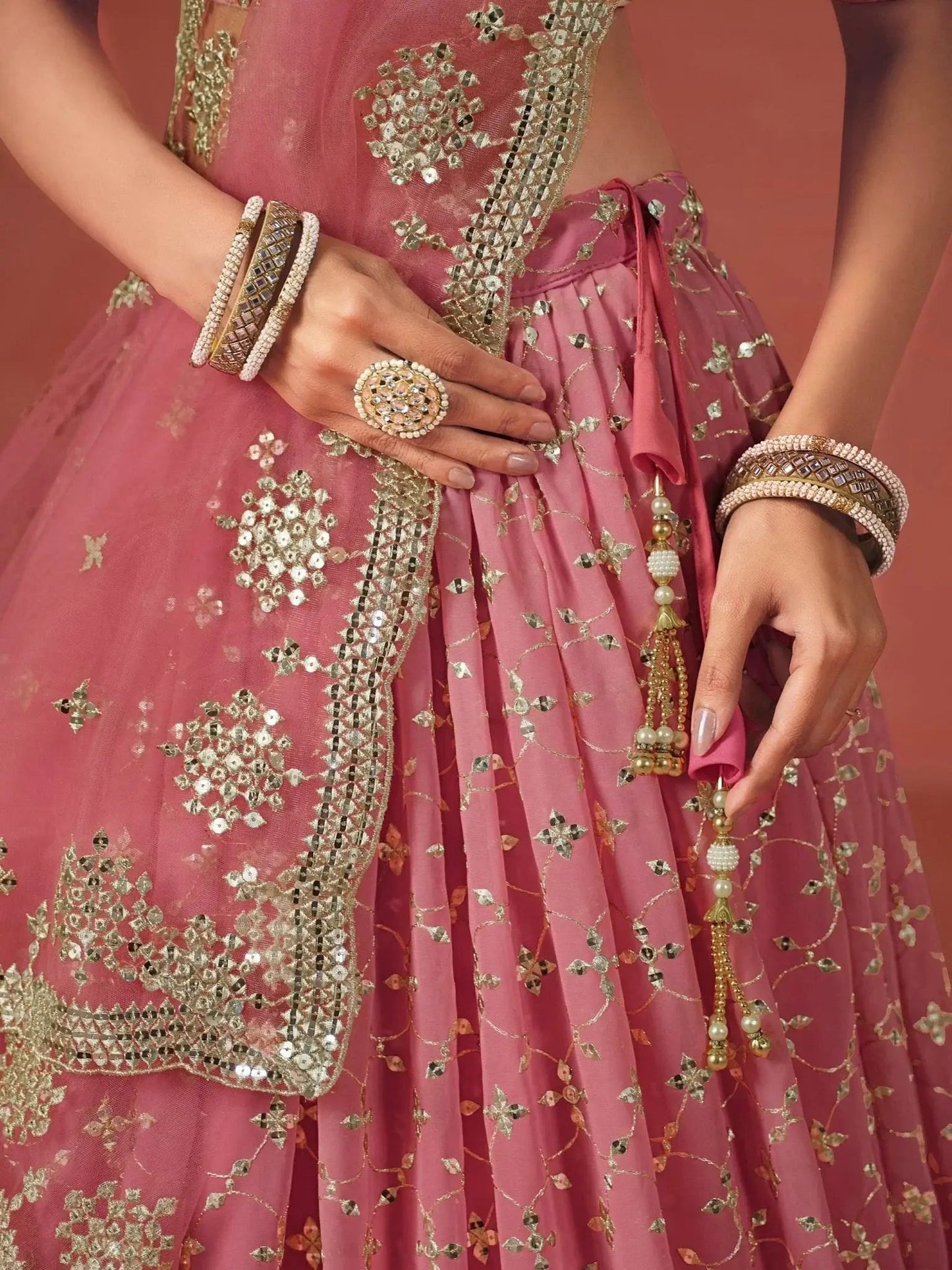 Stunning Peach Georgette Sequins Lehenga Choli