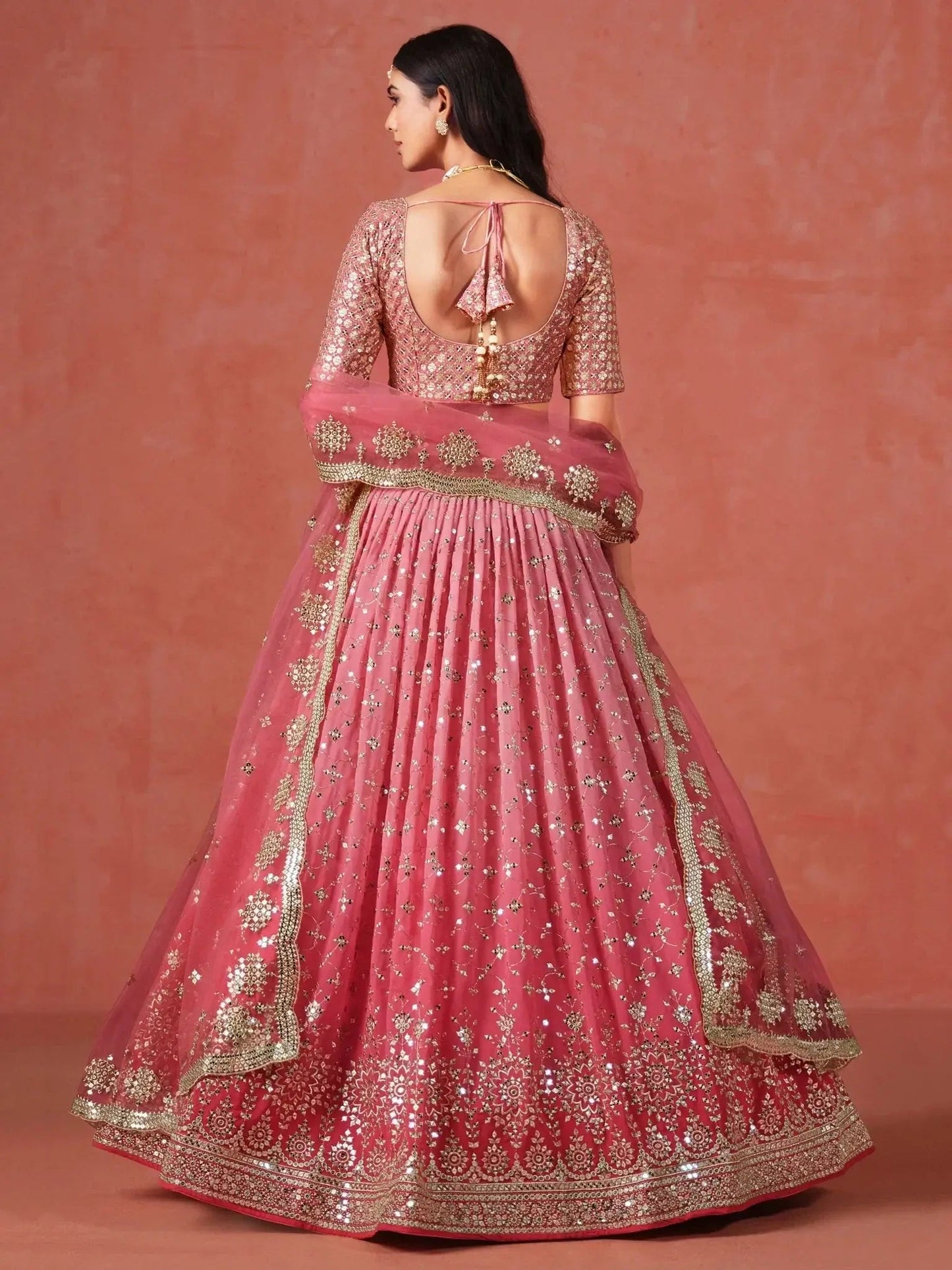 Stunning Peach Georgette Sequins Lehenga Choli