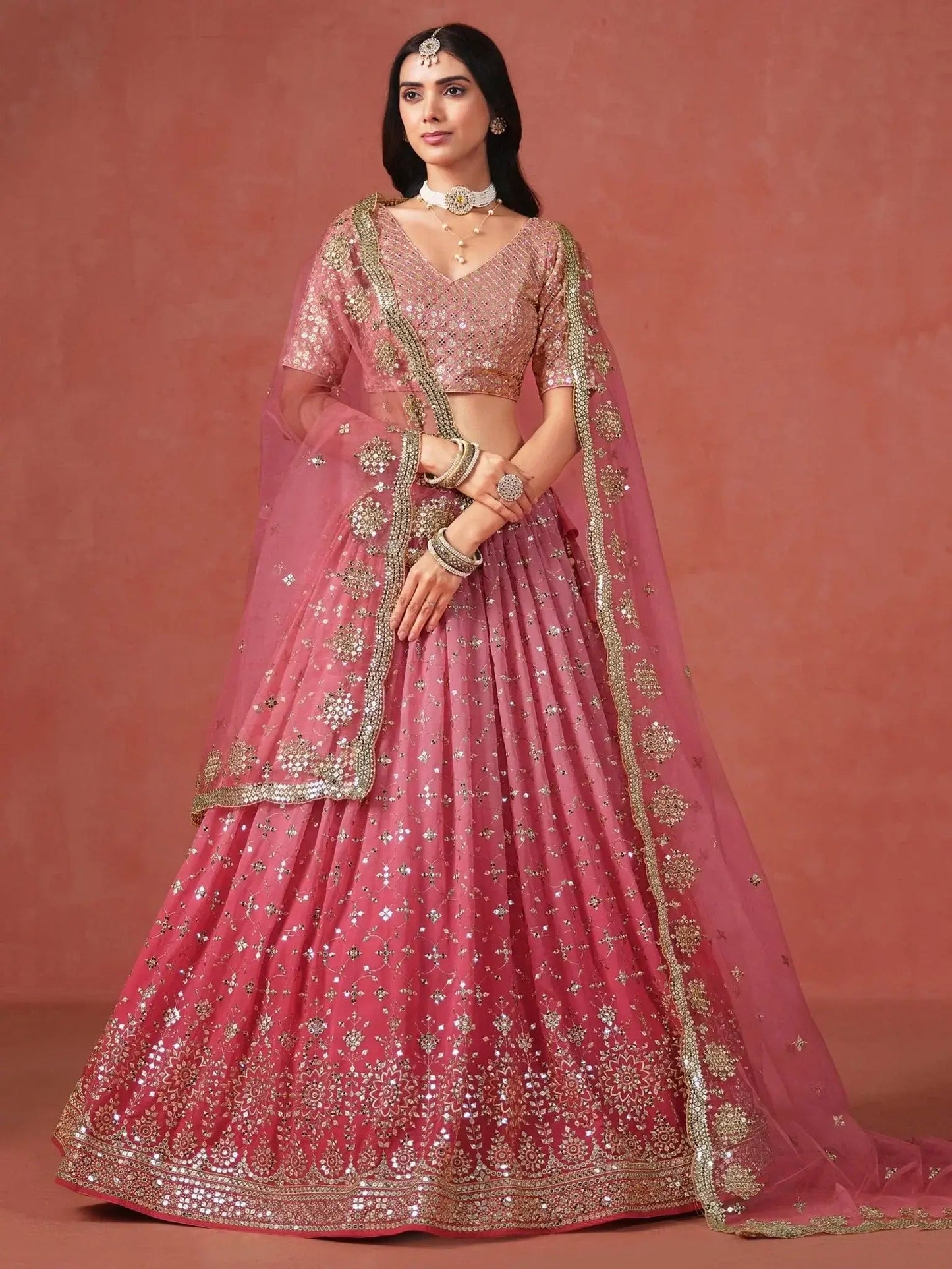Stunning Peach Georgette Sequins Lehenga Choli