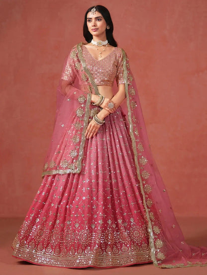 Stunning Peach Georgette Sequins Lehenga Choli