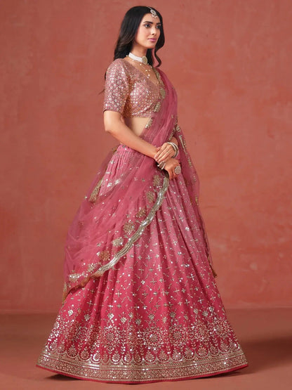 Stunning Peach Georgette Sequins Lehenga Choli