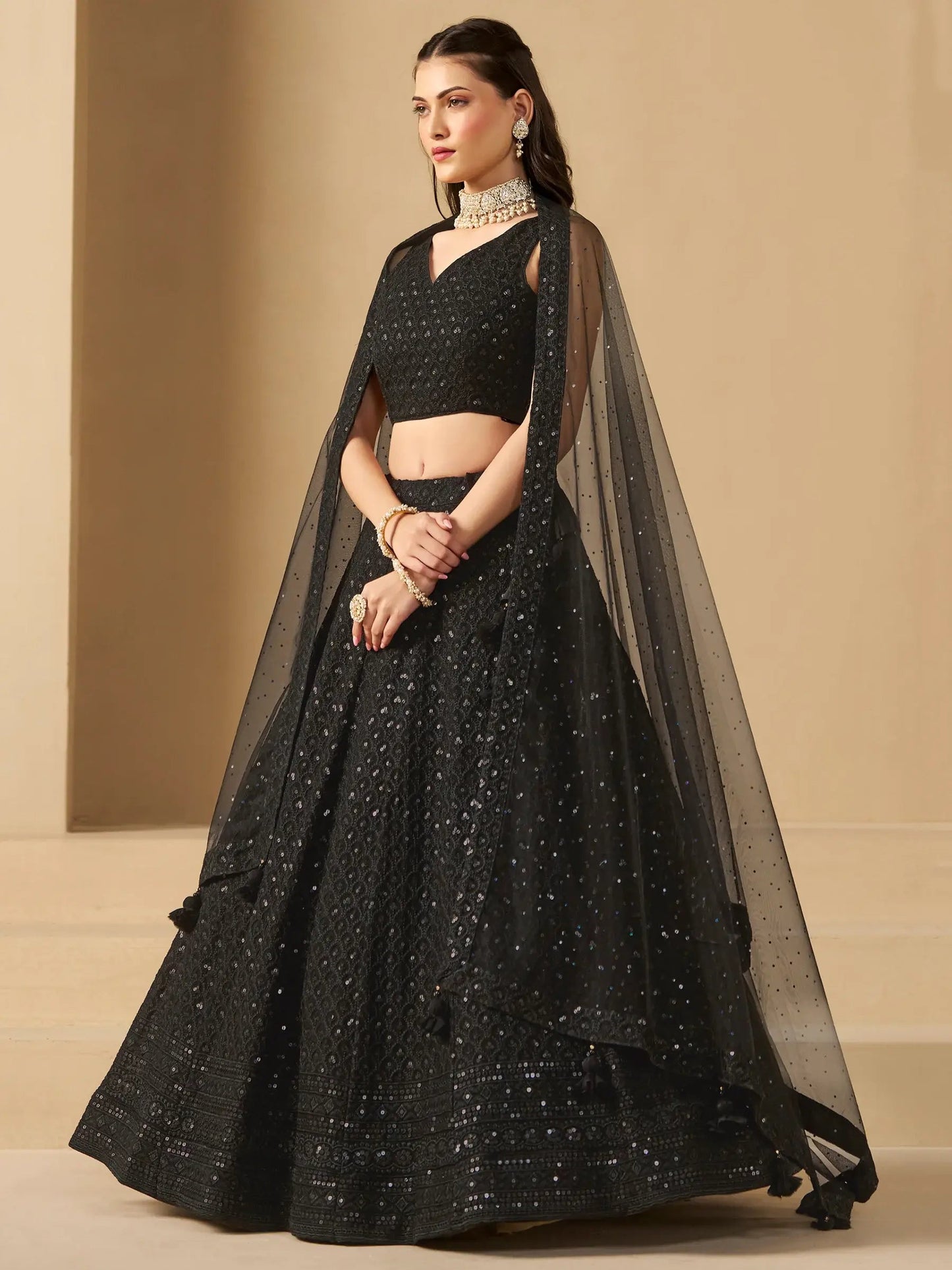 Wonderful Black Sequins Georgette Reception Wear Lehenga Choli