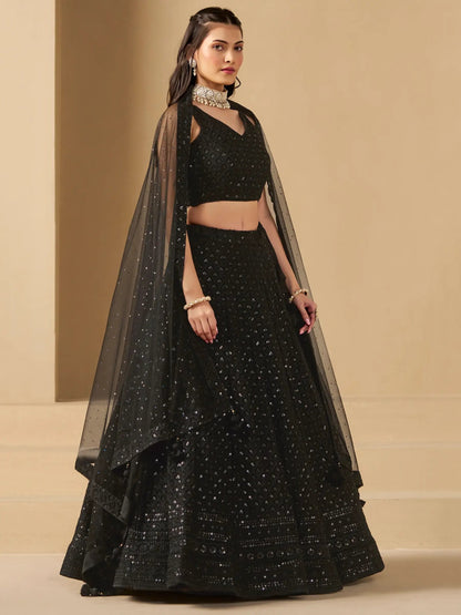 Wonderful Black Sequins Georgette Reception Wear Lehenga Choli