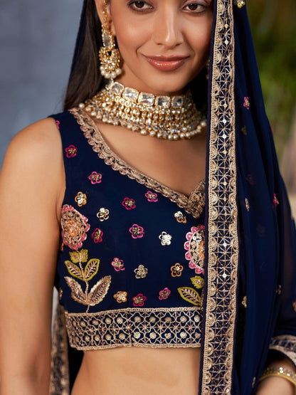 Wonderful Navy-Blue Multi-Thread Embroidered Georgette Lehenga Choli