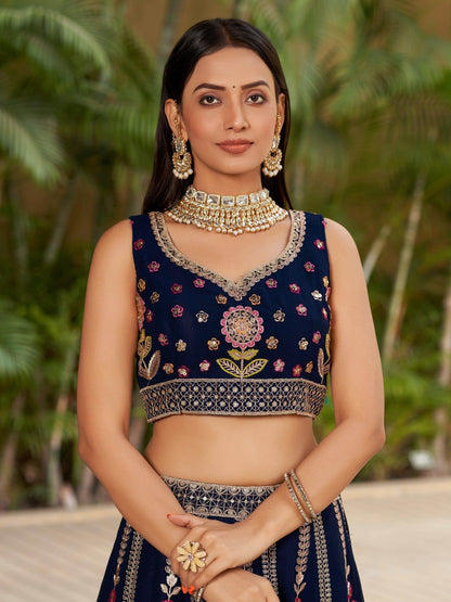 Wonderful Navy-Blue Multi-Thread Embroidered Georgette Lehenga Choli