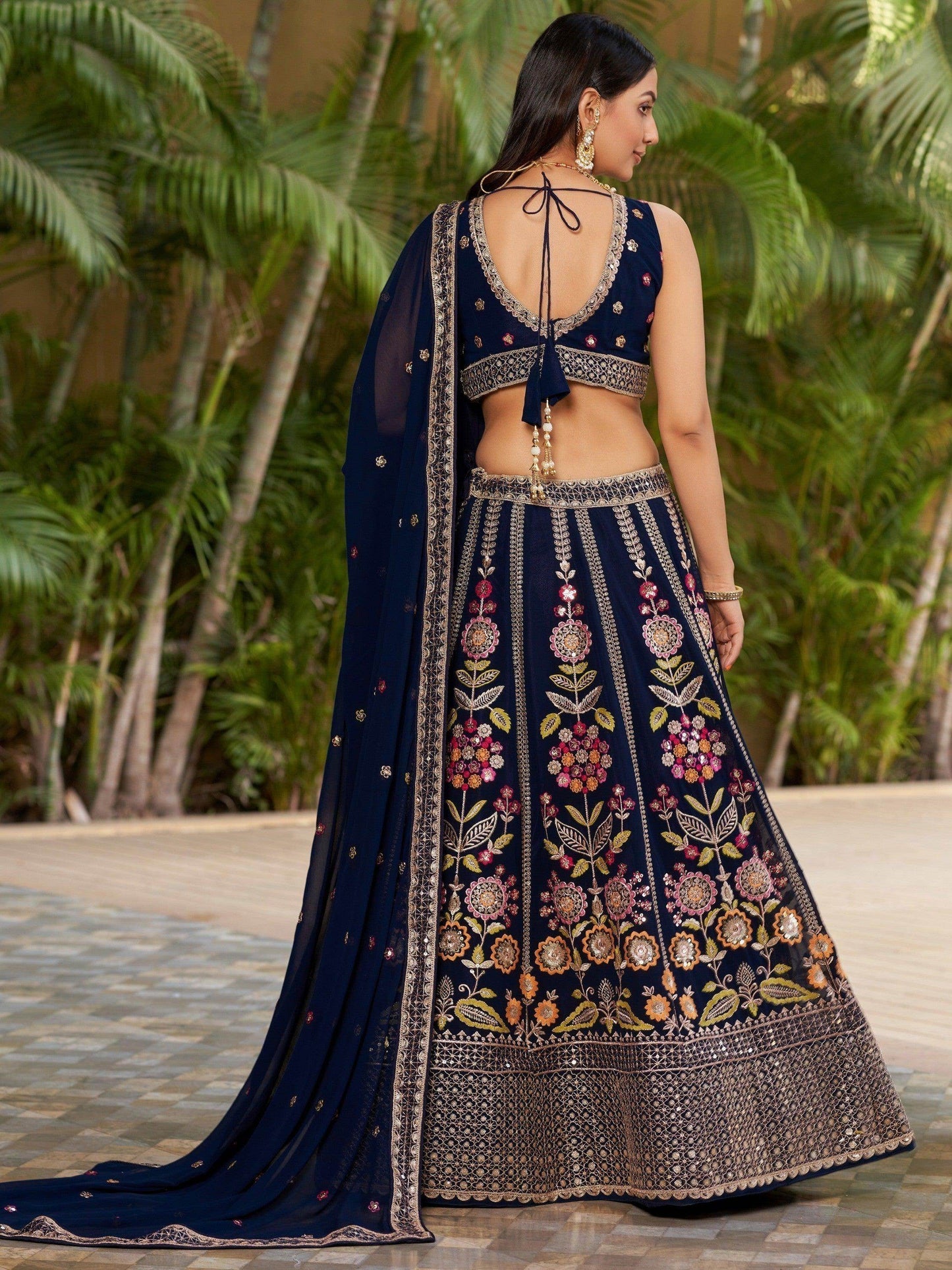 Wonderful Navy-Blue Multi-Thread Embroidered Georgette Lehenga Choli