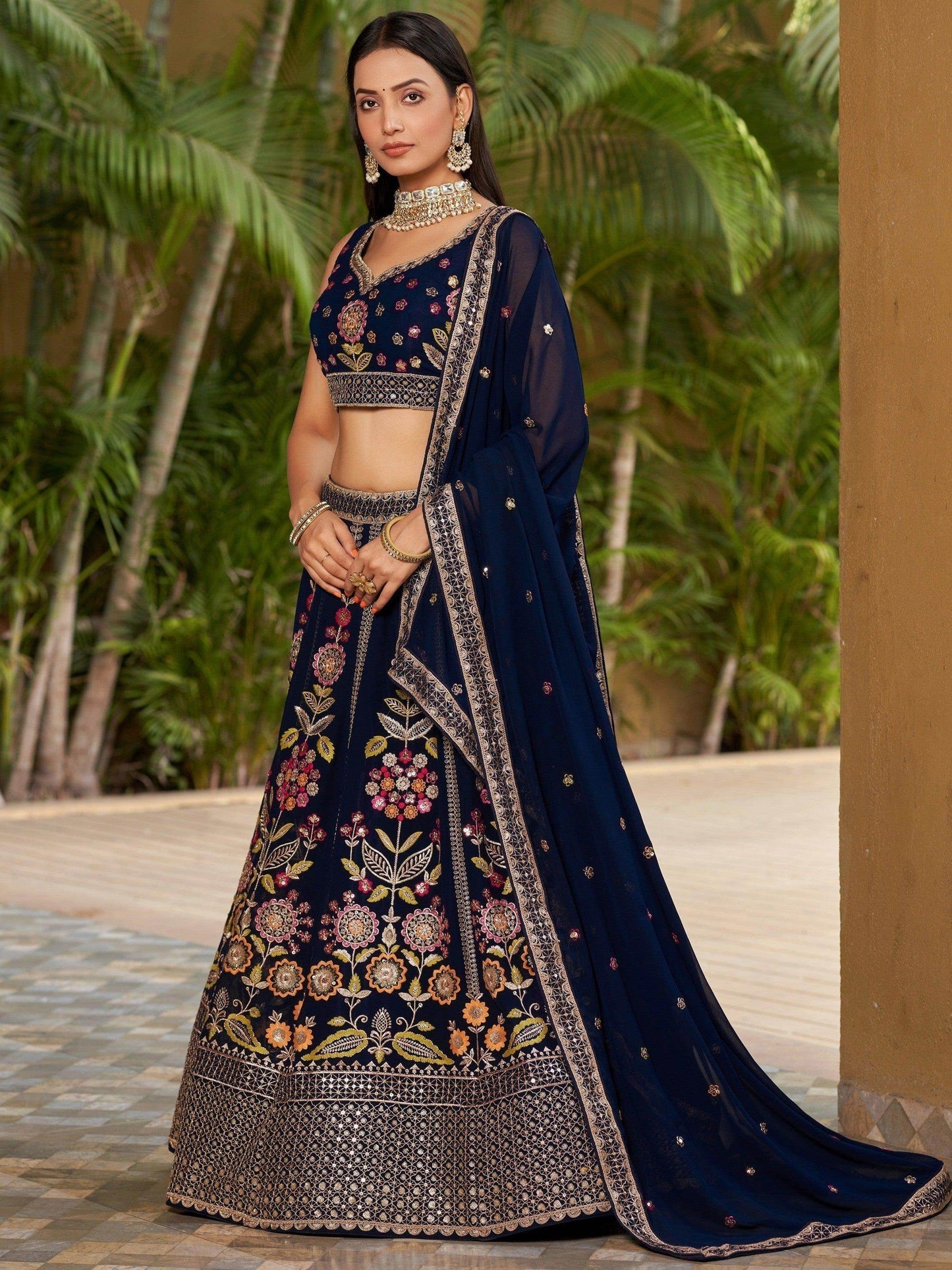 Wonderful Navy-Blue Multi-Thread Embroidered Georgette Lehenga Choli