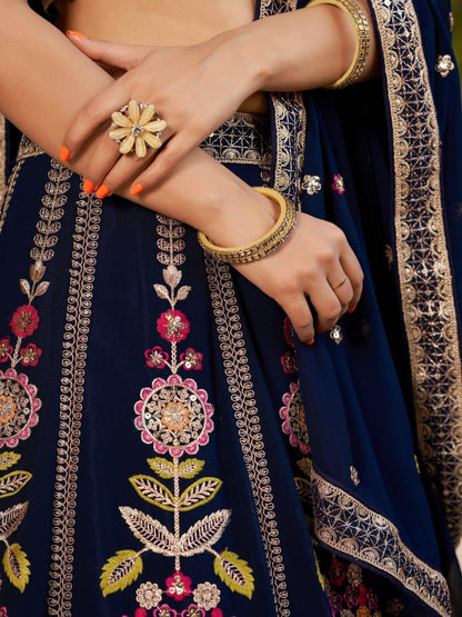 Wonderful Navy-Blue Multi-Thread Embroidered Georgette Lehenga Choli